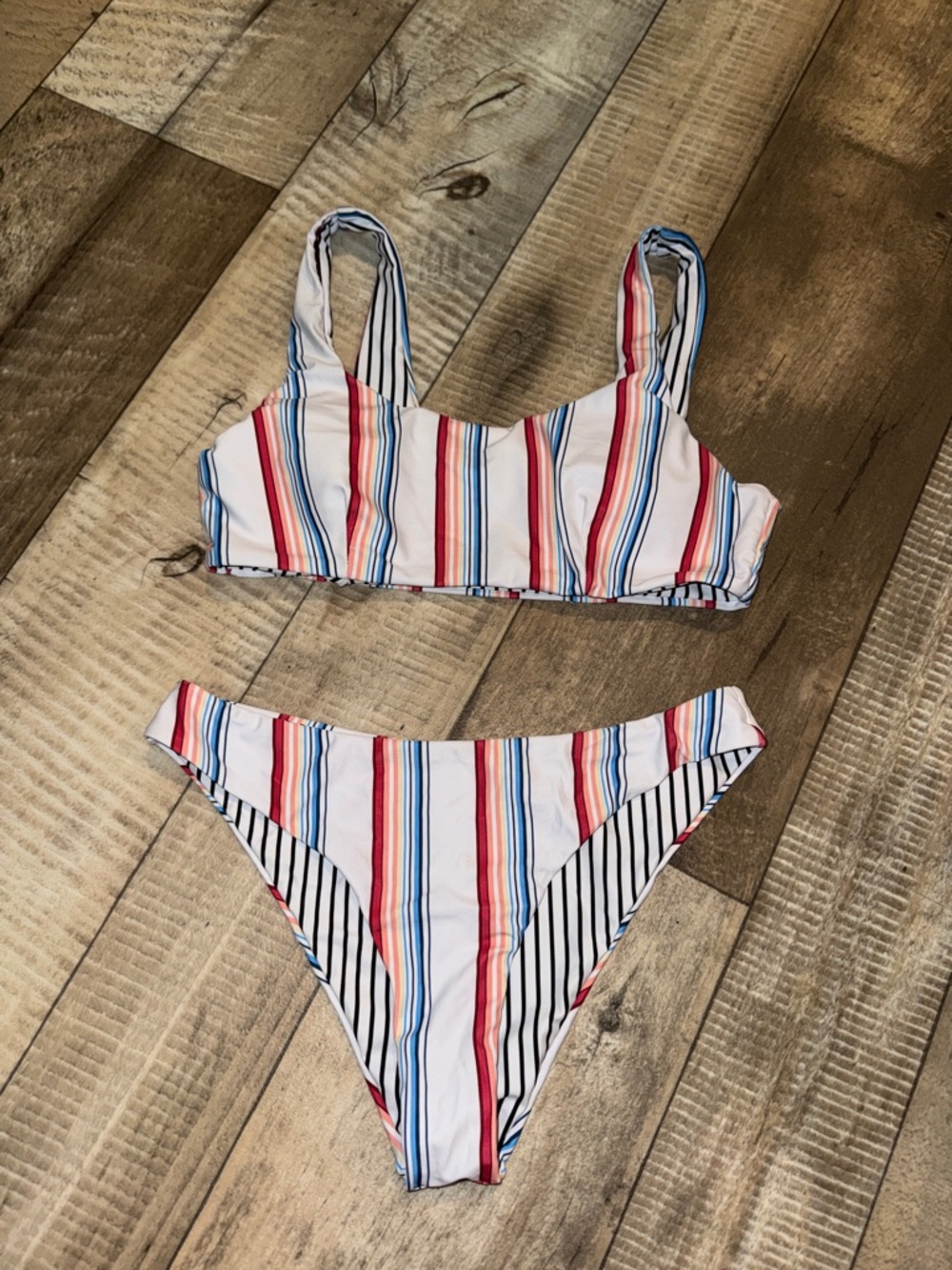Striped Two-Piece Bikini Set in White, Red & Blue